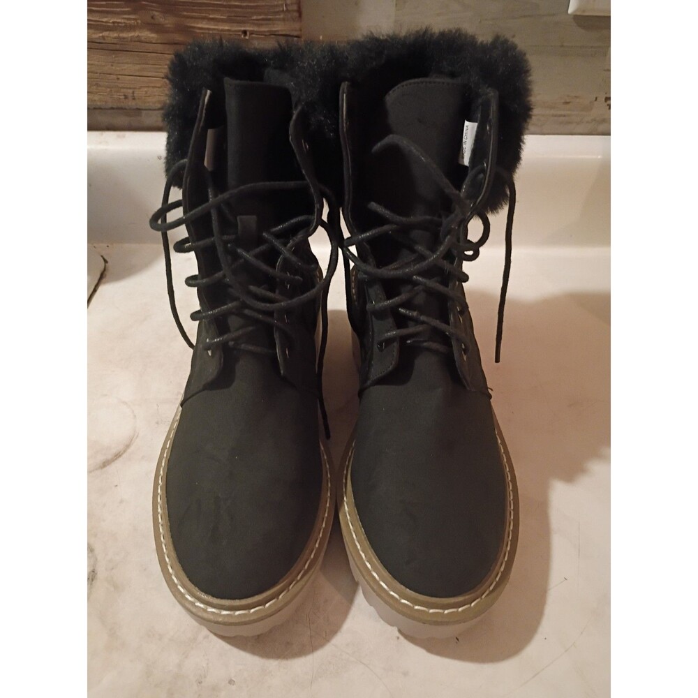 Nicole Miller New York Boots Size 7 Black Faux Fur Lace Up Quilted Latte NWOB